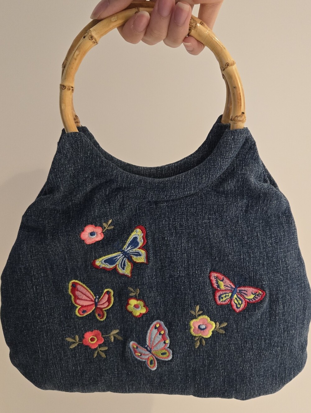 Y2K Blue Denim Small Handbag with Embroidered Butterflies